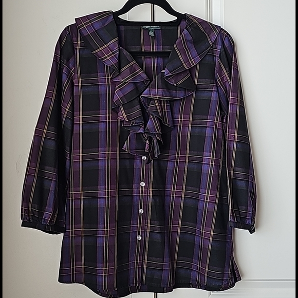 LRL Ruffled Trim Neckline Buttondown Plaid Blouse - Picture 1 of 15